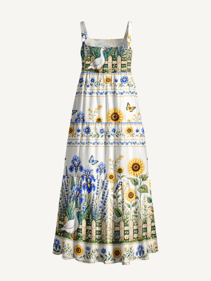 Blue Meadow Sunflower & Iris Print Wide Straps Maxi Dress With Pockets