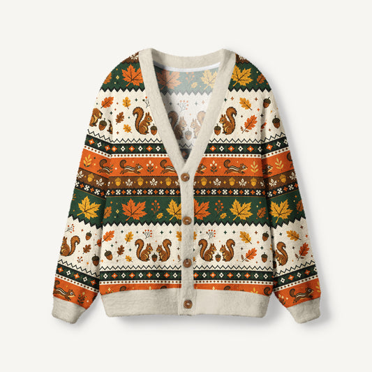 Autumn Acorn Gathering Print Ugly Cardigan Sweaters