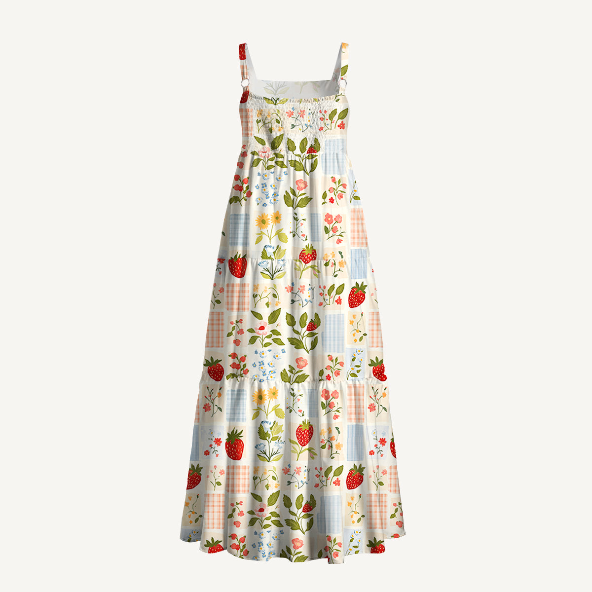 Strawberry Garden Patchwork Print Wide Straps Maxi Dress With Pockets