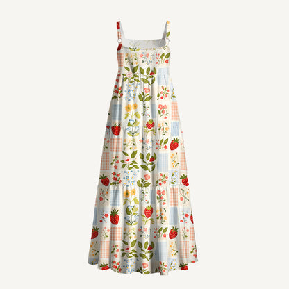 Strawberry Garden Patchwork Print Wide Straps Maxi Dress With Pockets