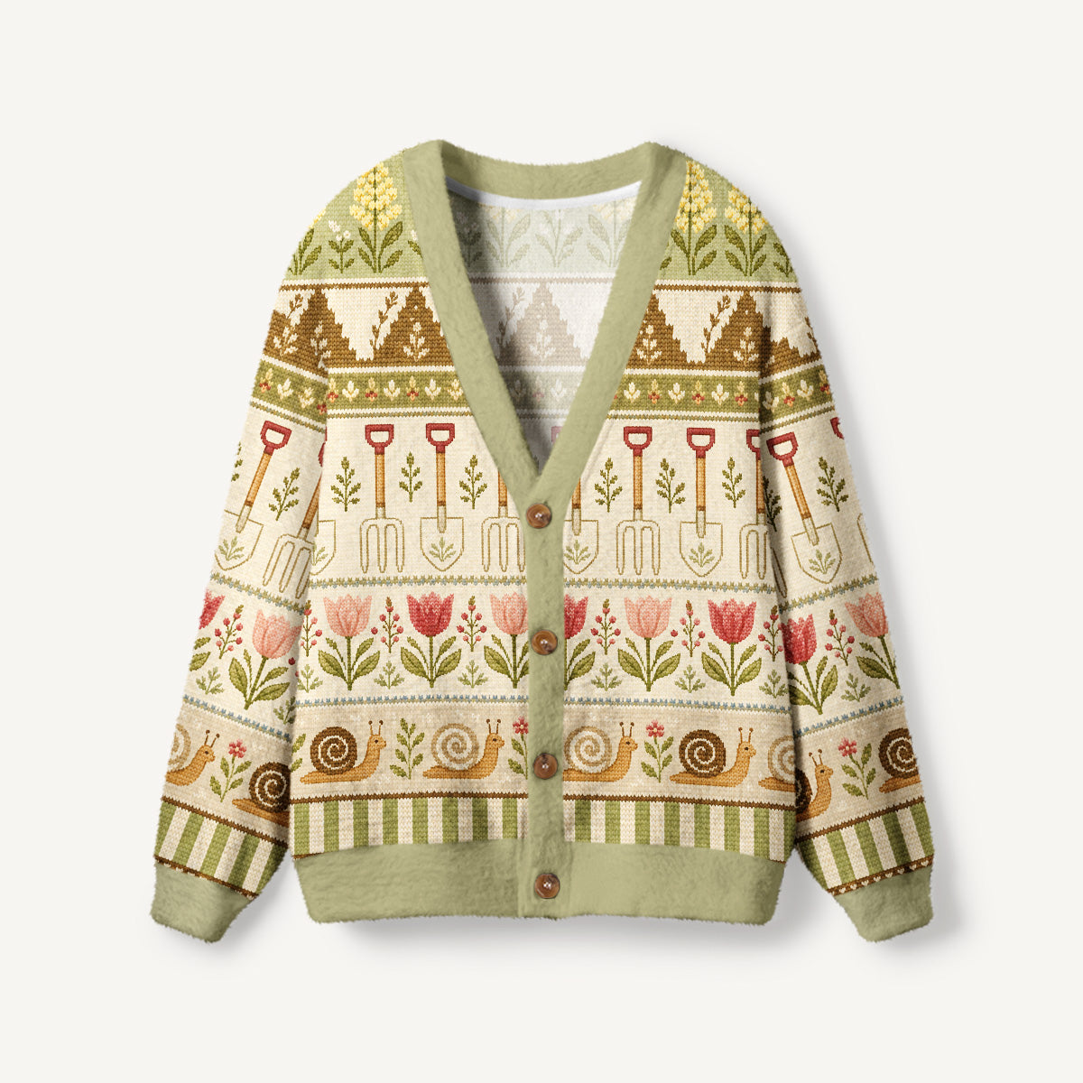 Garden Tales Snail & Tulip Print Ugly Cardigan Sweaters