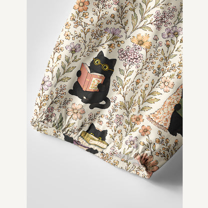Books Blooms and Black Cats Print Boho Tie‑Neck Smock Mini Dress