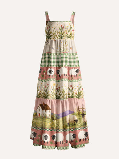 Pastoral Daydream Cottage Print Wide Straps Maxi Dress With Pockets