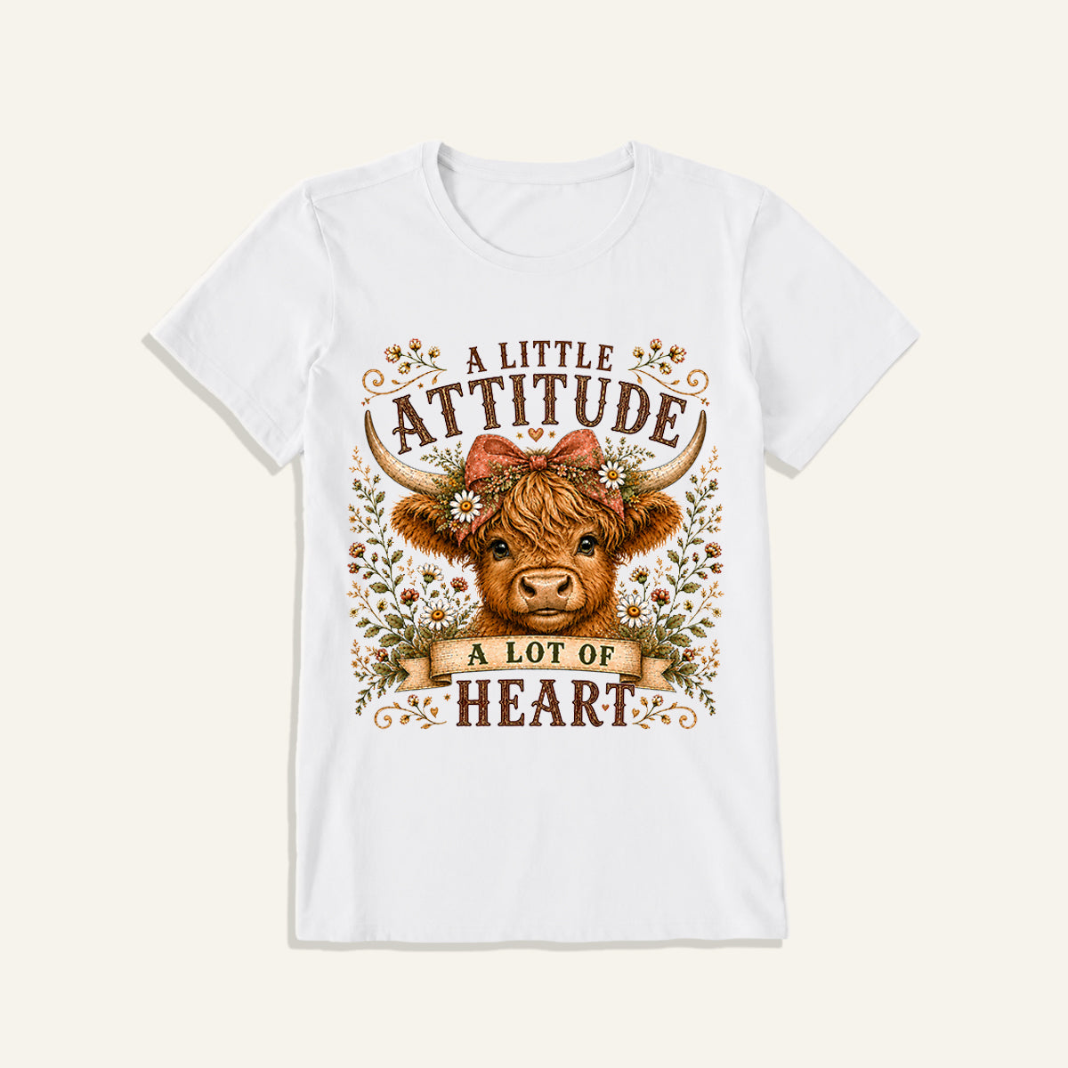 Little Attitude Highland Cow Print Crew Neck Cotton Tee