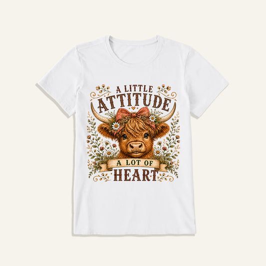 Little Attitude Highland Cow Print Crew Neck Cotton Tee