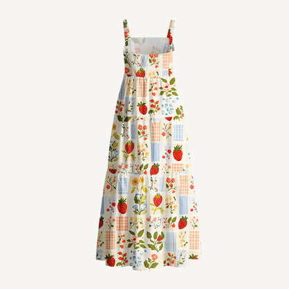 Strawberry Garden Patchwork Print Cotton Wide Straps Maxi Dress With Pockets