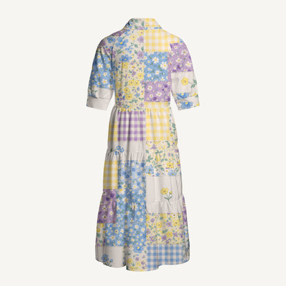 Floral Meadow Patchwork Midi Dress For Women With Pockets