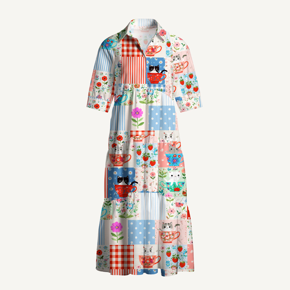V Neck Collared Teatime Kitty Patchwork Print Casual Midi Dress With Pockets