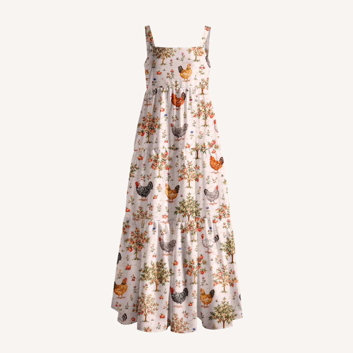 Farm Orchard with Chickens and Trees Print Wide Straps Maxi Dress With Pockets