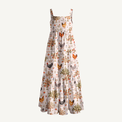 Farm Orchard with Chickens and Trees Print Wide Straps Maxi Dress With Pockets