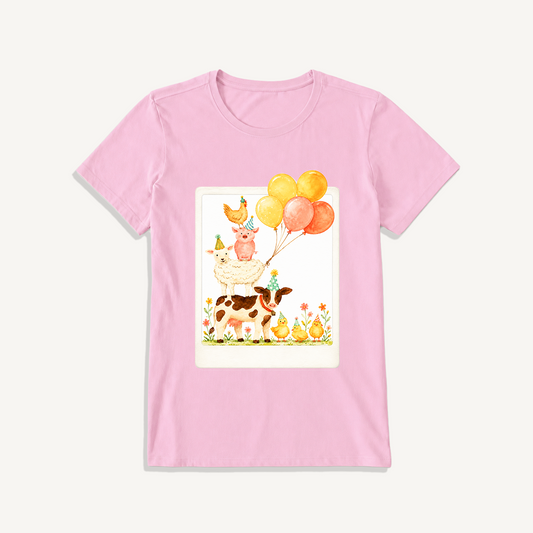 Farm Party Portrait Print Crew Neck Cotton Tee