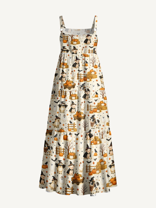 Halloween Farm Friends Print Wide Straps Maxi Dress With Pockets