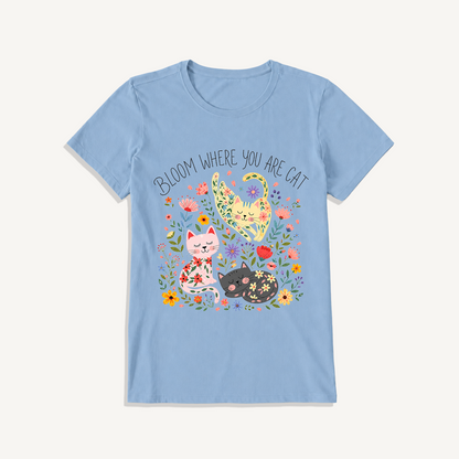 Floral Feline Bloom Print Crew Neck Cotton Tee