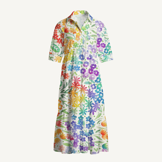V Neck Collared Fun Rainbow Print Casual Midi Dress With Pockets