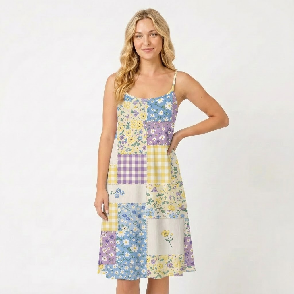 Floral Meadow Patchwork Spaghetti Strap Mini Dress