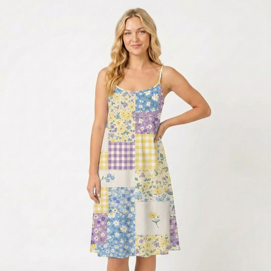 Floral Meadow Patchwork Spaghetti Strap Mini Dress