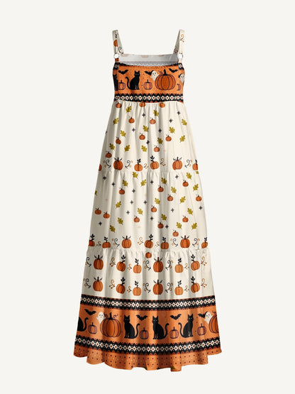Pumpkin Spell Black Cat Print Wide Straps Maxi Dress With Pockets