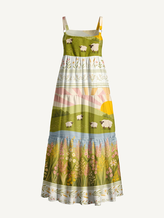 Sunrise Meadow Sheep Print Wide Straps Maxi Dress With Pockets