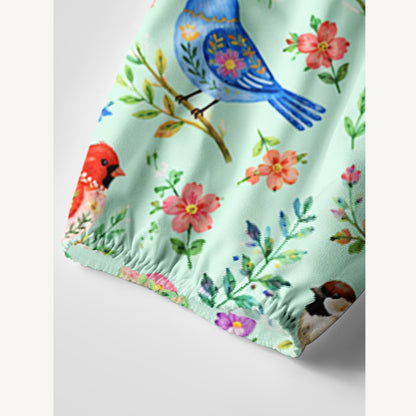 Colorful Songbird Garden Print Boho Tie‑Neck Smock Mini Dress
