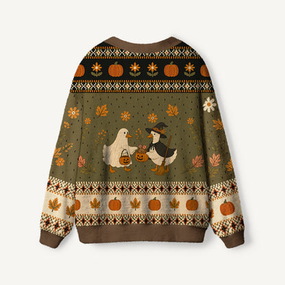 Witchy Goose Halloween Print Ugly Cardigan Sweaters