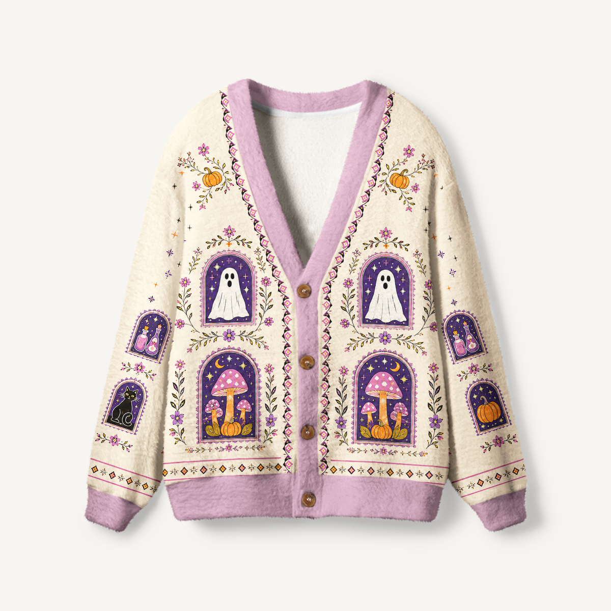 Moonlit Ghost Garden Print Halloween Ugly Cardigan Sweaters