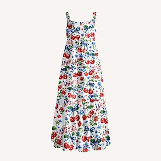 Americana Cherry Blossoms Print Wide Straps Maxi Dress With Pockets