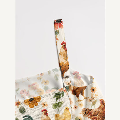 Watercolor Chicken Floral Print Wide Straps Maxi Dress With Pockets