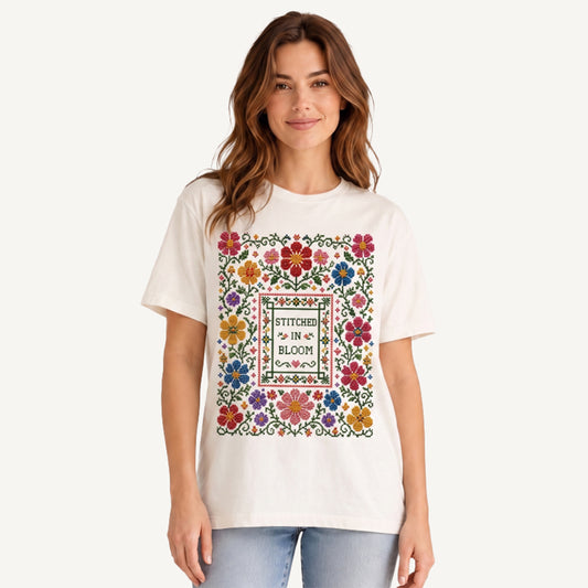 Blooming Folk Floral Cross-Stitch Print Crew Neck Cotton Tee