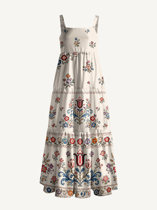 Heritage Folk Bloom Print Wide Straps Maxi Dress With Pockets