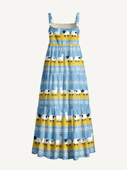 Pasture Parade Sheep Print Wide Straps Maxi Dress With Pockets