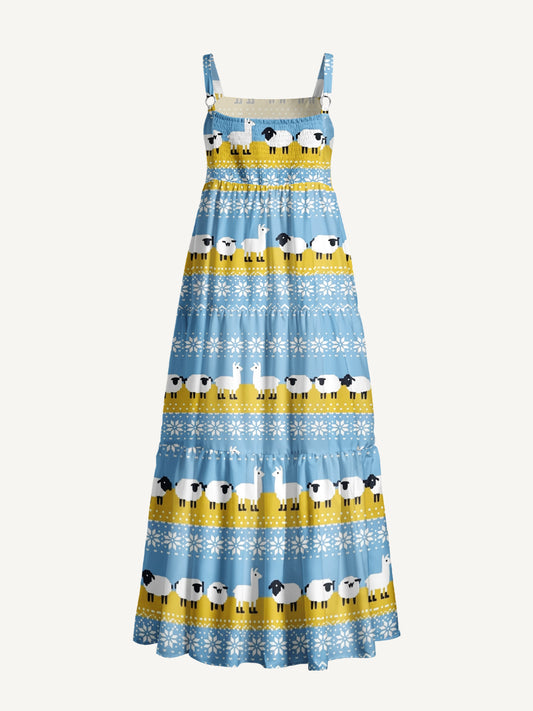 Pasture Parade Sheep Print Wide Straps Maxi Dress With Pockets
