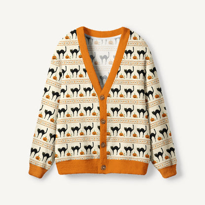 Pumpkin Lane Black Cat Print Ugly Cardigan Sweaters