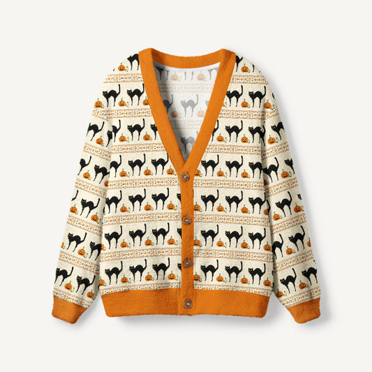 Pumpkin Lane Black Cat Print Ugly Cardigan Sweaters