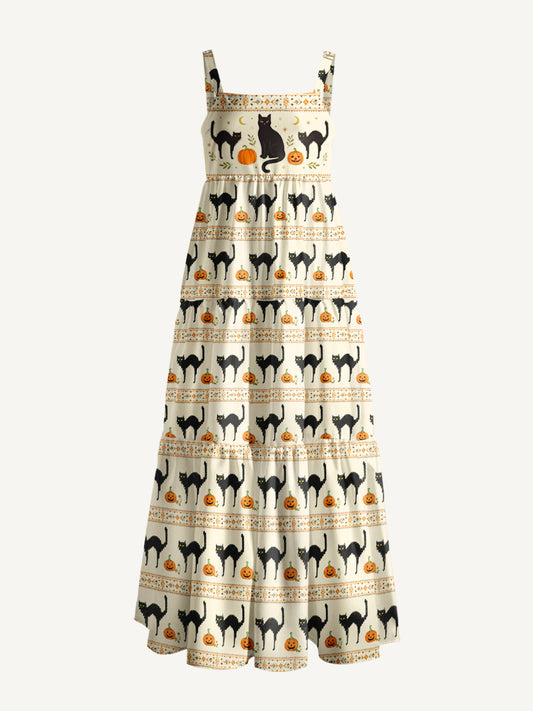 Pumpkin Lane Black Cat Print Wide Straps Maxi Dress With Pockets