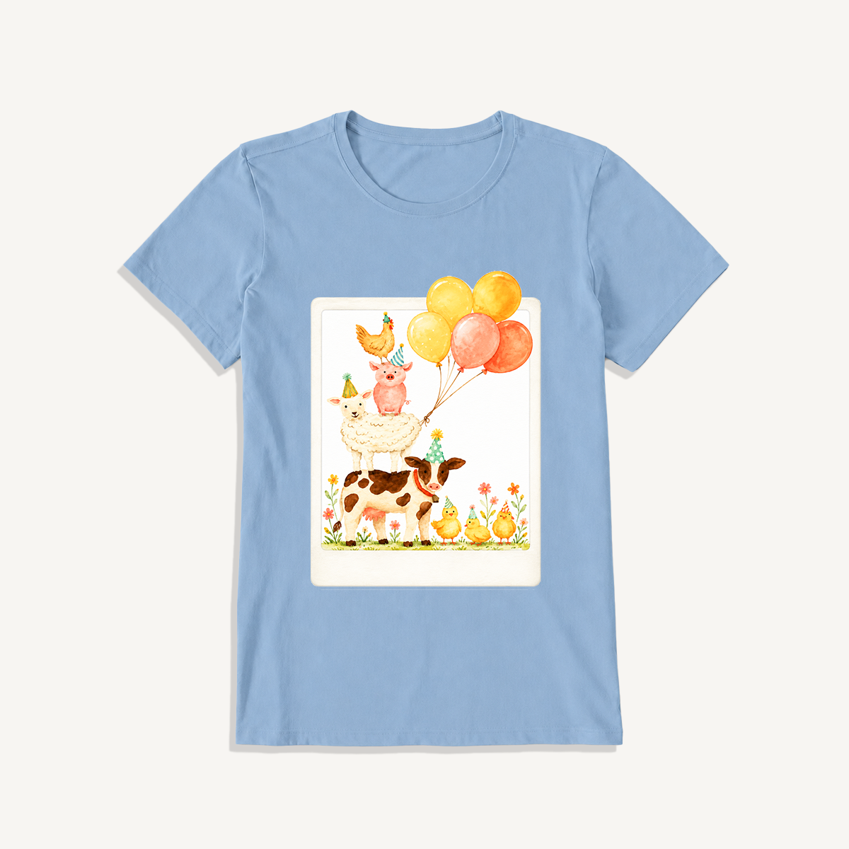 Farm Party Portrait Print Crew Neck Cotton Tee