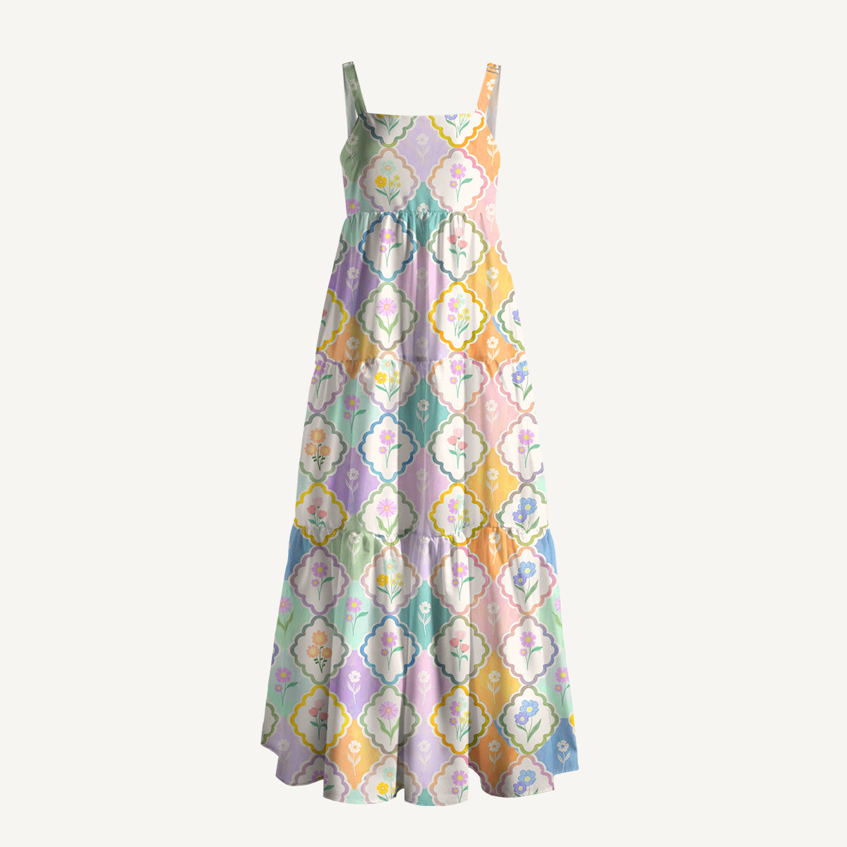Pastel Floral Lattice Print Wide Straps Maxi Dress With Pockets