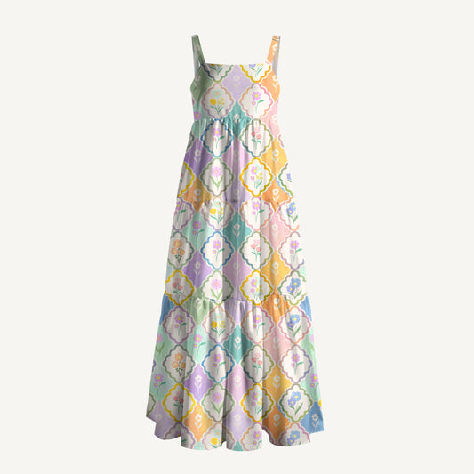 Pastel Floral Lattice Print Wide Straps Maxi Dress With Pockets