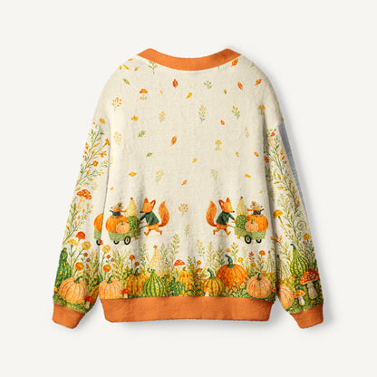 Fox & Pumpkin Harvest Print Ugly Cardigan Sweaters