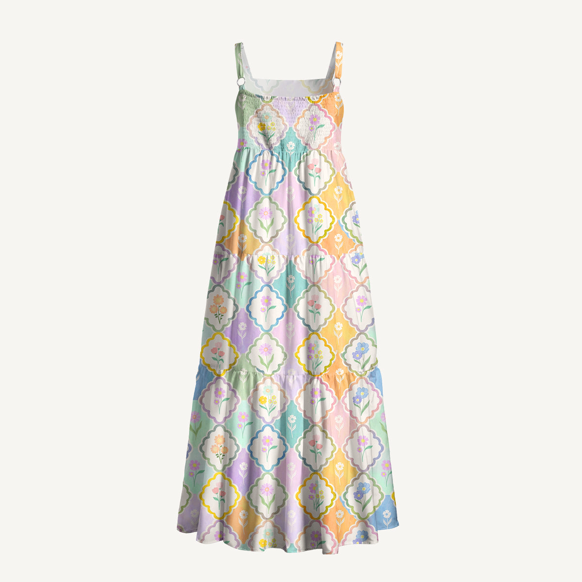 Pastel Floral Lattice Print Wide Straps Maxi Dress With Pockets