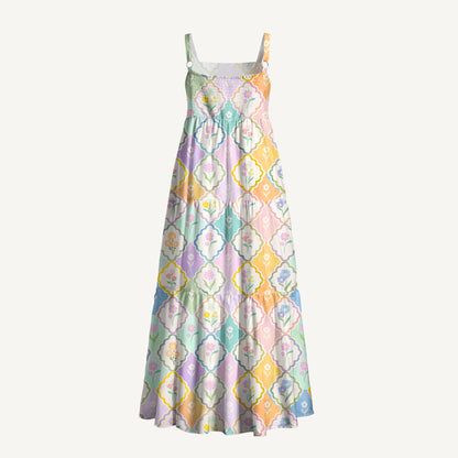 Pastel Floral Lattice Print Wide Straps Maxi Dress With Pockets