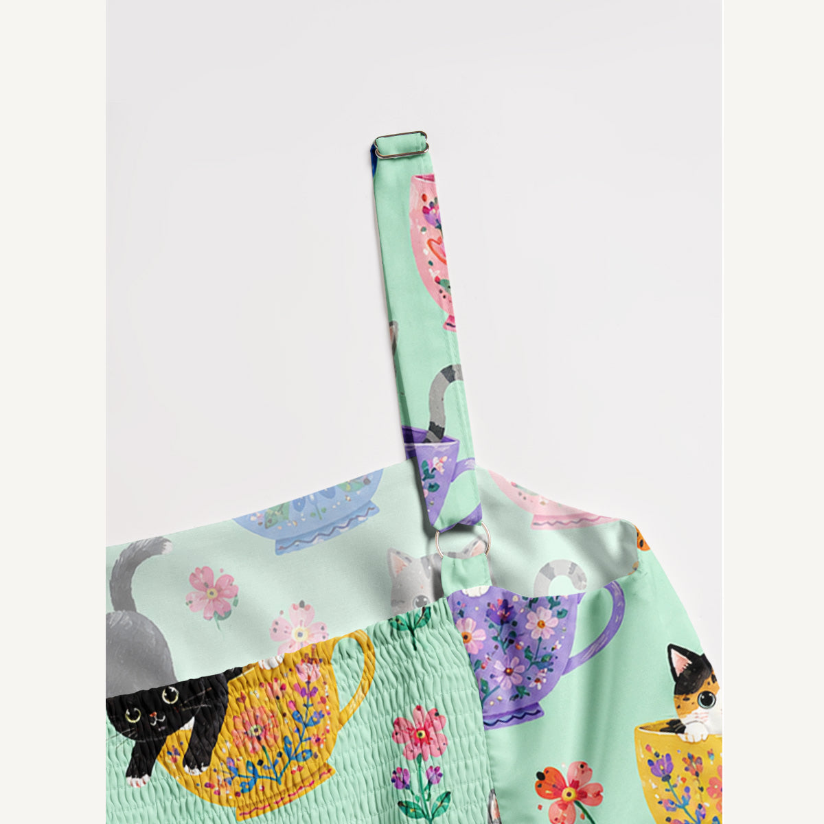Cute Teacup Kitten Print Wide Straps Maxi Dress With Pockets