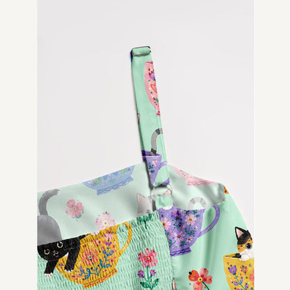 Cute Teacup Kitten Print Wide Straps Maxi Dress With Pockets