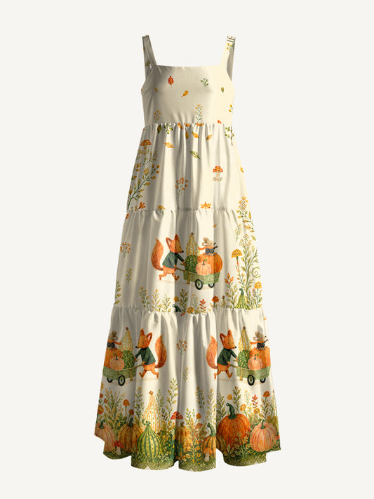 Fox & Pumpkin Harvest Print Wide Straps Maxi Dress With Pockets