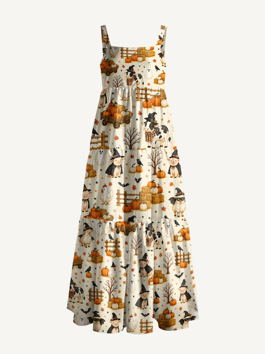 Halloween Farm Friends Print Wide Straps Maxi Dress With Pockets