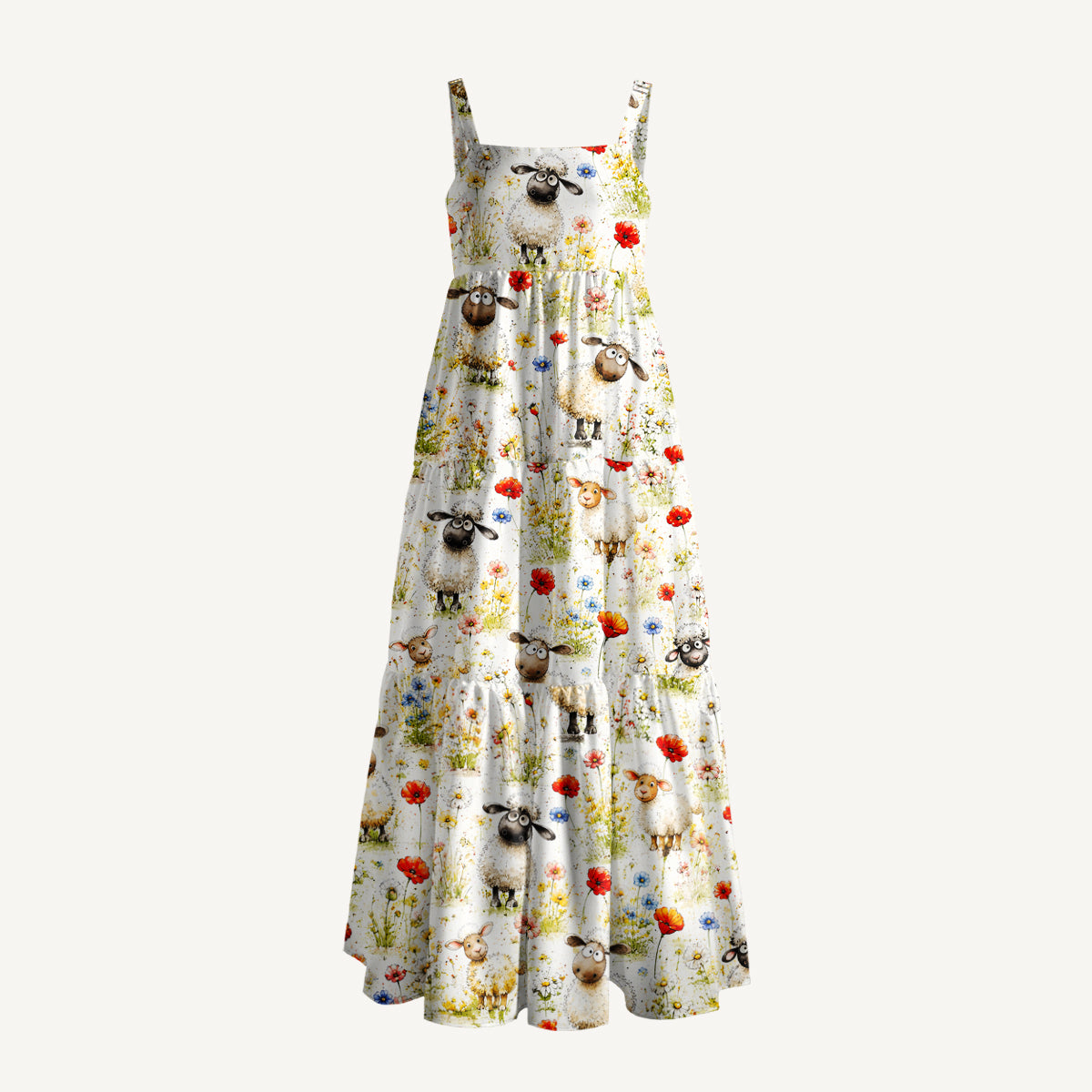 Whimsical Sheep Clipart Print Wide Straps Maxi Dress With Pockets