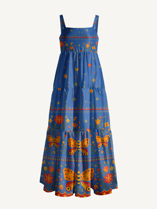 Starlit Butterfly Bloom Print Wide Straps Maxi Dress With Pockets
