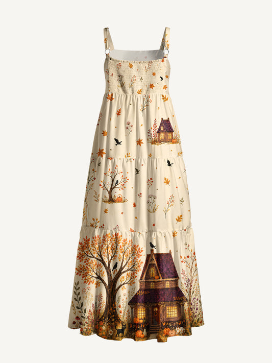 Autumn Cottage Garden Print Wide Straps Maxi Dress With Pockets