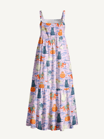 Enchanted Halloween Cat Print Wide Straps Maxi Dress With Pockets
