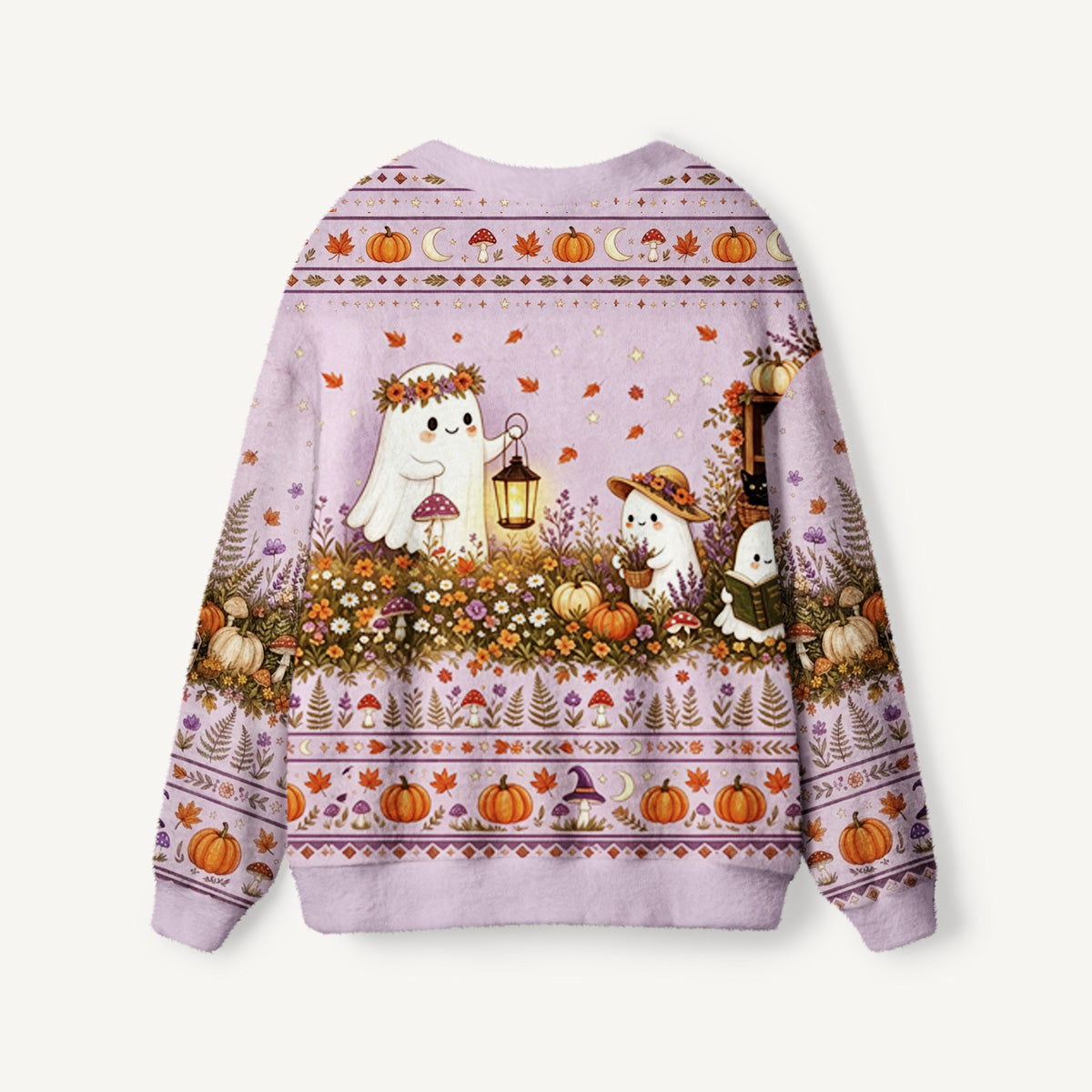 Lavender Pumpkin Country Ghost Print Ugly Cardigan Sweaters