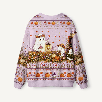 Lavender Pumpkin Country Ghost Print Ugly Cardigan Sweaters